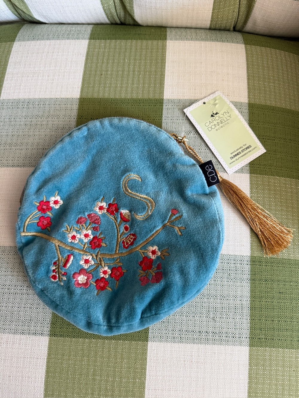 Carolyn Donnelly Blue Embroidered Round Pouch with Gold Tassel - Monogram S NWT